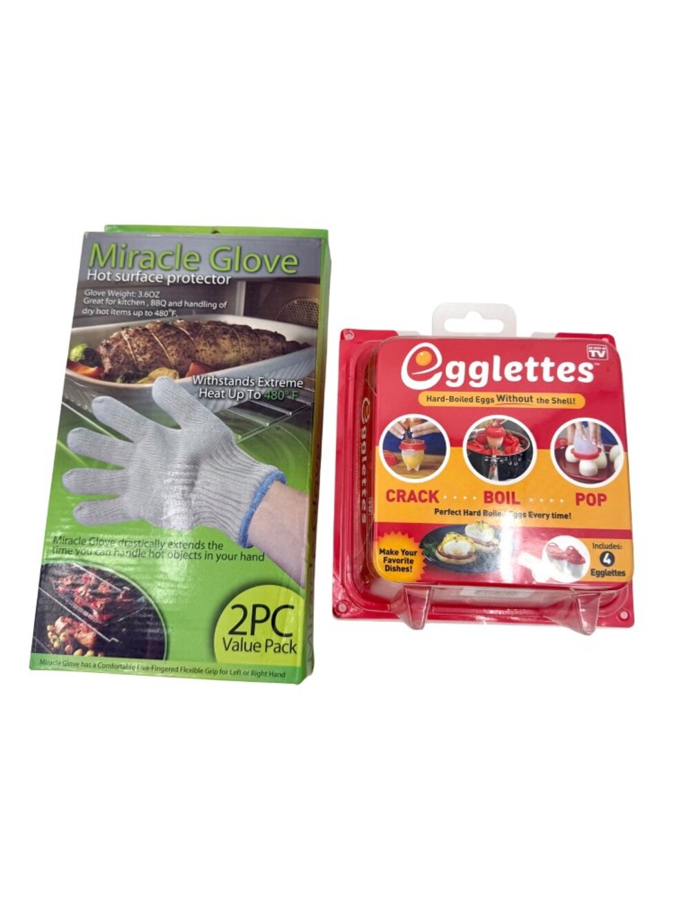 NEW MIRACLE GLOVE HOT SURFACE PROTECTOR  EGGLETTES HARD-BOILED EGG MAKER SET LOT